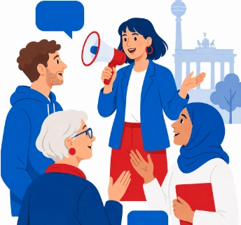 Zeichnung Menschen in Berlin bei Versammlung